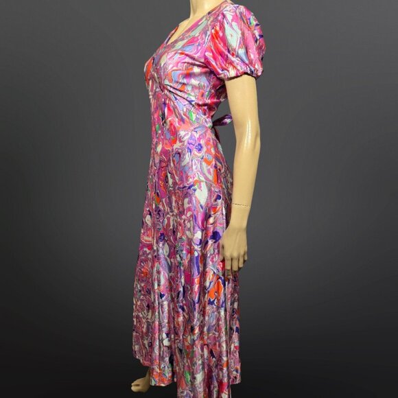 Vintage 60s Psychedelic Print Maxi Dress Womens Size S Tie Back Groovy Colourful - Picture 7 of 9